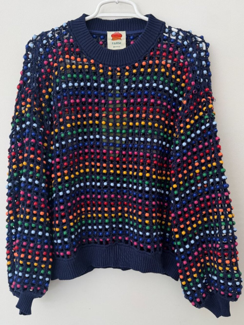 Farm Rio Navy Blue Topanga Rainbow Beaded Crochet Knit Sweater New With Tags - Picture 2 of 8